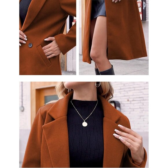Women's Caramel  Winter Wool Coat Casual Notch Lapel Single-Breasted Peacoat - Picture 6 of 8